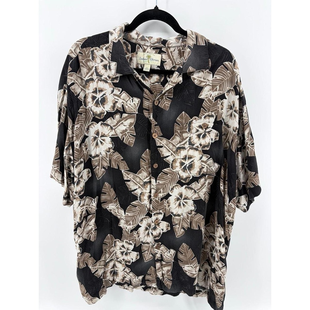 Island Shores Hawaiian Shirt, Black Floral Button Up, Tropical, Casual Men XXL
